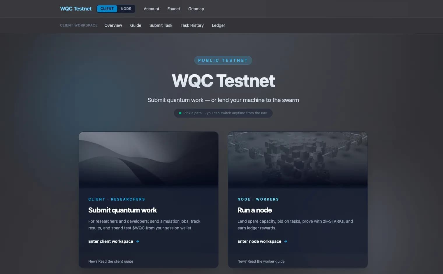 Screenshot of the WQC Testnet console, showing the client workspace and the node workspace.